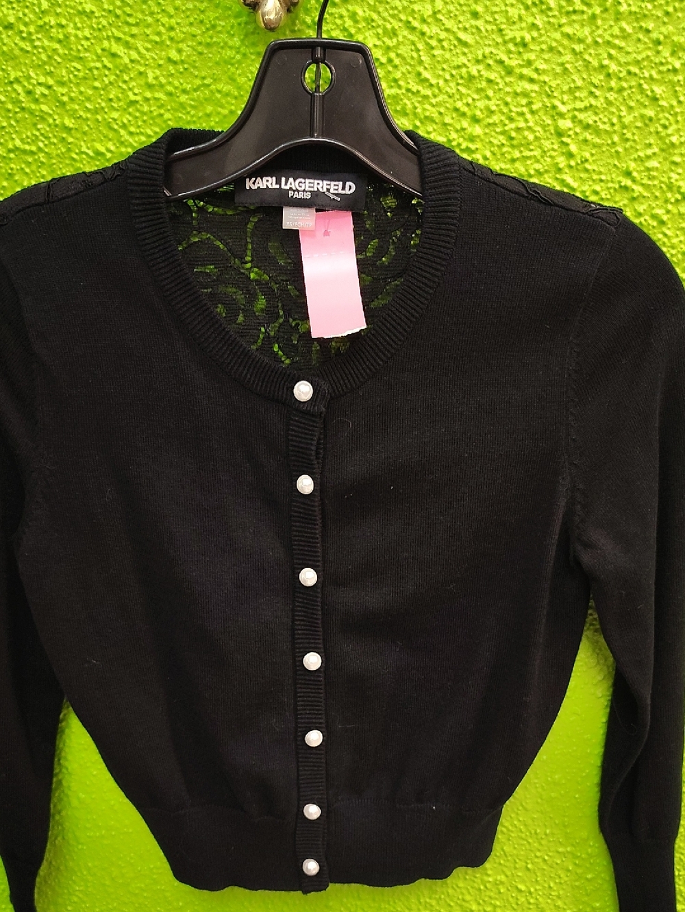 Karl Lagerfeld Black Pearl-Button Crewneck Cardigan